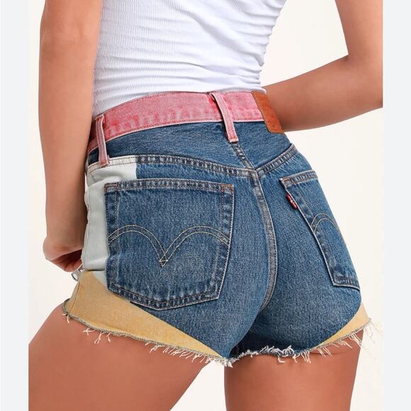 Levis 501 High Rise Medium Wash Color Block Denim Shorts 24 Retro Funky Cutoff - Picture 10 of 11